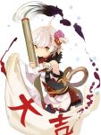  1girl bare_shoulders black_legwear choker cloth detached_sleeves flower fur_trim hair_flower hair_ornament japanese_clothes looking_at_viewer mazonano original paintbrush rope short_hair short_ponytail side_ponytail solo thigh-highs white_background white_hair wide_sleeves yellow_eyes 