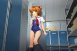  1girl :d absurdres antenna_hair blush brown_hair cardcaptor_sakura covered_navel green_eyes hair_bobbles hair_ornament hand_on_own_chest highres kinomoto_sakura locker_room looking_at_viewer mutsuki_(moonknives) neckerchief old_school_swimsuit one-piece_swimsuit open_mouth school_uniform shiny shiny_clothes shirt short_hair short_sleeves skirt skirt_pull small_breasts smile solo swimsuit swimsuit_under_clothes undressing 