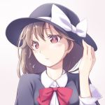  1girl blouse bow brown_eyes brown_hair capelet embarrassed hat hat_bow looking_to_the_side lowres midorino_eni ribbon short_hair solo touhou upper_body usami_renko white_blouse 
