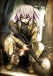  1girl alternate_costume animal_ears assault_rifle black_hawk_down boots camouflage cross-laced_footwear derivative_work dutch_angle full_body gun headwear_removed helmet helmet_removed lace-up_boots lavender_hair long_hair long_sleeves m16 military military_uniform pants rabbit_ears red_eyes reisen_udongein_inaba rifle sitting solo touhou uniform weapon woodland_pattern yutori_(inu-hito) 