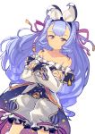  1girl bare_shoulders bow drill_hair frills granblue_fantasy hair_bow hair_ribbon highres kame^^ purple_hair ribbon shorts solo vetol_(granblue_fantasy) yellow_eyes 