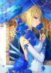  1girl alternate_costume artist_name bare_shoulders beads blonde_hair blue_bow blue_eyes blue_flower blue_nails blue_ribbon blue_rose bow breasts chain covered_mouth detached_sleeves eyelashes fate/stay_night fate_(series) feathers flower formal frame from_side hair_bow hair_flower hair_ornament hair_ribbon halterneck holding holding_flower lace-trimmed_bow lace_trim looking_at_viewer mimi_n nail_polish own_hands_together pearl picture_(object) profile ribbon rose saber sidelocks sleeves_past_wrists solo string upper_body wisteria 