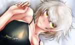  1girl alternate_costume artist_name bare_shoulders blush breasts camisole collarbone commentary_request highres kantai_collection kojima_takuro large_breasts looking_at_viewer lying nose_blush on_back silver_hair sleeveless solo unryuu_(kantai_collection) wavy_hair yellow_eyes 