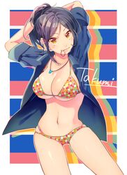  1girl adjusting_hair arms_up bikini black_hair breasts character_name cowboy_shot floral_print idolmaster idolmaster_cinderella_girls jewelry long_hair looking_at_viewer mouth_hold mukai_takumi navel open_clothes open_shirt pendant ponytail shiny shiny_skin shirt skindentation smile solo swimsuit tabi_(artist) tying_hair 