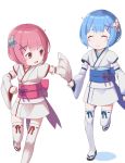  2girls blue_hair blush child closed_eyes detached_sleeves flower hair_flower hair_ornament highres japanese_clothes kimono looking_at_another multiple_girls needle_(needlebomb) obi open_mouth pink_hair ram_(re:zero) re:zero_kara_hajimeru_isekai_seikatsu red_eyes rem_(re:zero) ribbon-trimmed_legwear ribbon_trim sandals sash short_hair short_kimono siblings simple_background sisters smile thigh-highs twins white_background white_legwear wide_sleeves x_hair_ornament younger yukata 