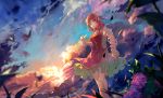  1girl baisi_shaonian bandaged_arm bun_cover clouds double_bun flower hair_bun highres hydrangea ibaraki_kasen looking_at_viewer mouth_hold puffy_short_sleeves puffy_sleeves red_eyes redhead ribbon_in_mouth shirt short_sleeves skirt sky solo sunset tabard touhou 