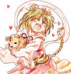  1girl animal_ears blonde_hair fang heart hug open_mouth rokugou_daisuke shawl smile solo stuffed_animal stuffed_tiger stuffed_toy tail tiger_ears tiger_tail toramaru_shou touhou 