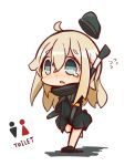  1girl ahoge blue_eyes chibi commentary_request covering covering_crotch flying_sweatdrops garrison_cap hat have_to_pee kantai_collection long_hair looking_at_viewer nuu_(nu-nyu) running silver_hair solo tearing_up toilet_symbol u-511_(kantai_collection) 