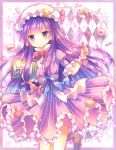  1girl adapted_costume argyle argyle_background book bottle bow bowtie crescent dress frame hair_ribbon hat juliet_sleeves lipstick long_hair long_sleeves makeup mob_cap patchouli_knowledge perfume_bottle pjrmhm_coa puffy_sleeves purple_hair ribbon sash solo striped striped_dress touhou tress_ribbon very_long_hair violet_eyes 