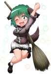  1girl ;d adapted_costume animal_ears arm_up asheta7 bamboo_broom bare_legs blush breasts broom dog_ears dog_tail fang fist_pump green_eyes green_hair highres jumping kasodani_kyouko knees_together_feet_apart large_breasts looking_at_viewer miniskirt one_eye_closed open_mouth shoes short_hair skirt smile socks solo tail touhou 