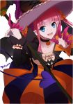  1girl blue_eyes collar collarbone demon_tail elizabeth_bathory_(fate/grand_order) fangs fate/extra fate/extra_ccc fate/grand_order fate_(series) halloween_costume hat highres holding lancer_(fate/extra_ccc) long_hair looking_at_viewer open_mouth pink_hair pointy_ears signature solo staff tail witch_hat ycco_(estrella) 