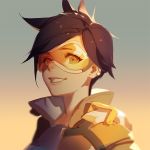  1girl ask_(askzy) bangs brown_hair earrings face goggles gradient gradient_background grin jewelry lips looking_at_viewer multicolored_background nose overwatch parted_lips portrait short_hair smile solo spiky_hair tracer_(overwatch) two-tone_background upper_body 