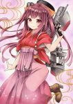  1girl anchor_symbol boots funnyfunny gun hakama handgun highres japanese_clothes kamikaze_(kantai_collection) kantai_collection long_hair machinery marker mecha_musume pink_hakama purple_hair red_eyes shirt skirt solo tasuki tied_sleeves traditional_media very_long_hair weapon 