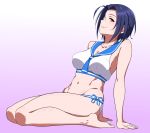  1girl blue_hair breasts brown_eyes groin idolmaster idolmaster_2 looking_at_viewer miura_azusa navel puge sailor_swimsuit_(idolmaster) seiza short_hair sitting smile solo thighs 