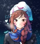  1girl artist_request bangs beanie black_coat blue_scarf blush braid braiding_hair breath brown_eyes brown_hair coat cold d.va_(overwatch) eyelashes facial_mark hairdressing hat heart long_hair looking_at_viewer night outdoors overwatch scarf smile snow solo solo_focus swept_bangs upper_body whisker_markings winter_clothes winter_coat 