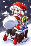  1girl blush boots box chimney christmas exice-zero fur_trim gift gift_box gloves hat highres holding holding_gift kugelschreiber long_hair looking_at_viewer original pom_pom_(clothes) red_eyes ribbon sack santa_costume santa_hat smile snow snowing solo 