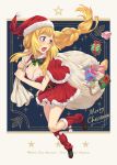  1girl bangs belt belt_buckle black_shoes blonde_hair blunt_bangs blush bow bowtie box braid breasts buckle capelet carrying_over_shoulder christmas cleavage copyright_name dress dropping english eyebrows_visible_through_hair floating_hair full_body gift gift_box green_bow green_bowtie guchico gundam gundam_tekketsu_no_orphans hat kudelia_aina_bernstein leg_warmers long_hair looking_back medium_breasts merry_christmas open_mouth outside_border pom_pom_(clothes) red_dress red_ribbon ribbon sack santa_costume santa_hat shiny shiny_hair shoes short_dress sidelocks single_braid solo sparkle star striped surprised sweatdrop tongue torn_sack very_long_hair violet_eyes 