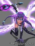  &gt;:( 1girl arm_support black_legwear blue_eyes blush braid breasts choujigen_game_neptune cleavage commentary_request electricity energy_wings gauntlets hair_ornament leaning_forward leotard long_hair looking_at_viewer neptune_(choujigen_game_neptune) neptune_(series) obui purple_hair purple_heart solo sword symbol-shaped_pupils thigh-highs twin_braids weapon 