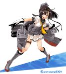  1girl :3 akizuki_(kantai_collection) bangs black_gloves black_hair boots cannon chou-10cm-hou-chan commentary corset gloves grey_eyes hachimaki hairband headband headgear high_heel_boots high_heels kantai_collection miniskirt multicolored_gloves neckerchief open_mouth outstretched_hand ponytail pose rigging school_uniform serafuku short_sleeves skirt smile standing standing_on_liquid thigh_strap torpedo twitter_username watanore white_background white_gloves 