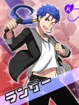  1boy amagase_touma amagase_touma_(cosplay) blue_hair card_(medium) character_name collarbone cosplay fate/stay_night fate_(series) hair_ornament highres holding_microphone idolmaster idolmaster_side-m jewelry lancer long_hair looking_at_viewer male_focus microphone midriff navel necklace one_eye_closed open_mouth ponytail red_eyes shimo_(s_kaminaka) solo 