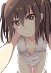  1girl alternate_costume breasts brown_eyes brown_hair collarbone commentary_request kantai_collection light_smile lingerie see-through see-through_silhouette sendai_(kantai_collection) shinta_(the-mattyaman) simple_background solo symbol-shaped_pupils thigh-highs two_side_up underwear waking_up white_background 