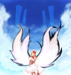  1girl agent_(ikuoikuo) blonde_hair blue_eyes capelet clouds cloudy_sky energy_wings hat large_wings lily_white long_hair sky solo touhou 