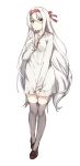  1girl alternate_costume black_legwear breasts commentary_request full_body hairband hand_on_own_chest headband kantai_collection long_hair long_sleeves seki_(l0410706268) shoes shoukaku_(kantai_collection) simple_background solo standing very_long_hair white_background white_hair yellow_eyes 