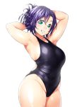  1girl competition_swimsuit green_eyes highres long_hair love_live!_school_idol_project one-piece_swimsuit one_eye_closed onsoku_maru purple_hair simple_background smile solo swimsuit thick_thighs thighs toujou_nozomi wide_hips 