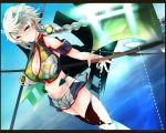  1girl asymmetrical_hair bare_shoulders braid breasts cleavage cloud_print commentary_request crop_top dual_wielding groin highres kantai_collection kojima_takuro large_breasts letterboxed long_hair looking_at_viewer midriff miniskirt navel onmyouji remodel_(kantai_collection) silver_hair single_braid skirt solo staff thigh-highs torii unryuu_(kantai_collection) very_long_hair wavy_hair yellow_eyes 
