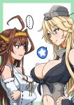  ... 2girls :d ahoge blonde_hair blue_eyes breast_envy breasts brown_eyes brown_hair cleavage commentary_request crossed_arms detached_sleeves double_bun fingerless_gloves gloves hands_on_hips headband headgear highres iowa_(kantai_collection) kantai_collection kongou_(kantai_collection) koutarou_(plusdrive) large_breasts long_hair multiple_girls navel nontraditional_miko open_mouth smile spoken_star star star-shaped_pupils sweat symbol-shaped_pupils 