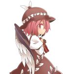  1girl animal_ears bird_wings box brooch character_name colored_eyelashes dress gift gift_box hat jagabutter jewelry juliet_sleeves long_sleeves looking_at_viewer mob_cap mystia_lorelei pink_eyes pink_hair puffy_sleeves smile solo touhou wings 