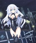  1girl bare_shoulders black_heart blue_eyes breasts city cleavage elbow_gloves gloves leotard long_hair looking_at_viewer neptune_(series) night noire smile solo star symbol-shaped_pupils thigh-highs very_long_hair white_hair 