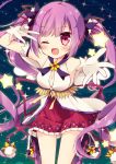  1girl ;d aisha_(elsword) battle_magician_(elsword) blue_background blush elsword gloves hoshi_(snacherubi) kneehighs long_hair looking_at_viewer one_eye_closed open_mouth outstretched_hand purple_hair purple_legwear purple_skirt shoes skirt smile solo twintails v violet_eyes white_gloves white_shoes 