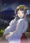  1girl :d absurdres blush brown_hair grass hair_ornament highres huge_filesize japanese_clothes lamppost looking_back miko mountain night open_mouth original outdoors pom_pom_(clothes) red_skirt road scan skirt sky sleeves_past_wrists smile solo star_(sky) starry_sky torii violet_eyes water yoshizuki_kumichi 