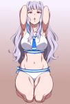  1girl armpits arms_behind_head breasts groin hairband idolmaster long_hair looking_at_viewer navel open_mouth puge sailor_swimsuit_(idolmaster) seiza shijou_takane silver_hair sitting solo thick_thighs thighs violet_eyes 