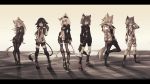  6+girls absurdres animal_ears belt black_hair black_legwear blue_eyes boots cat_ears cat_tail contrapposto deel_(rkeg) fang fingerless_gloves fox_ears fox_tail full_body gloves goggles green_eyes grey_hair hand_in_hair highres jacket kneehighs letterboxed lion_tail long_hair looking_at_viewer multiple_girls one_leg_raised open_mouth original pantyhose pink_eyes red_eyes short_hair short_shorts shorts smile standing tail thigh-highs violet_eyes white_hair yellow_eyes 