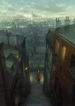  1girl brown_hair building cable chimney cityscape clouds coat from_above highres looking_at_viewer looking_up original scenery short_hair sky solo stairs suitcase turtleneck yoshida_seiji 