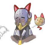  :3 animal_ears commentary face_painting fake_animal_ears fake_tail highres humanoid_robot ocaritna orb out_of_frame overwatch portrait pun robot simple_background white_background zenyatta_(overwatch) 