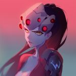  1girl ask_(askzy) blurry bodysuit center_opening expressionless eyebrows eyelashes face goggles gradient gradient_background lips long_hair multicolored_background nose overwatch portrait purple_skin solo two-tone_background widowmaker_(overwatch) yellow_eyes 