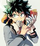  1boy artist_request boku_no_hero_academia commentary_request face freckles gloves green_eyes green_hair looking_at_viewer male_focus midoriya_izuku school_uniform short_hair simple_background solo spiky_hair teeth upper_body white_background white_gloves 