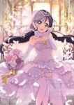  1girl bare_shoulders blush bouquet bridal_veil bride commentary_request dress elbow_gloves flower frills gloves green_eyes highres jewelry long_hair looking_at_viewer love_live!_school_idol_festival love_live!_school_idol_project low_twintails necklace open_mouth purple_hair smile solo strapless strapless_dress thigh-highs tiara toujou_nozomi twintails ume_(plumblossom) veil wedding_dress white_dress white_gloves white_legwear 