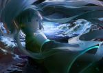  1girl aqua_hair dark detached_sleeves eye_reflection floating_hair glycan hand_on_own_chin hatsune_miku headset horizon light_particles light_smile long_hair ocean reflection solo star_(sky) transparent twintails upper_body vocaloid water 