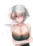  1girl ;/ alternate_costume artist_name bare_shoulders breast_hold breasts brown_eyes camisole character_name cleavage commentary_request fate/grand_order fate_(series) highres jeanne_alter kojima_takuro large_breasts one_eye_closed ruler_(fate/apocrypha) ruler_(fate/grand_order) short_hair silver_hair sleeveless solo upper_body 