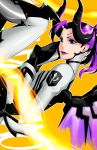  1girl absurdres blue_eyes blurry boots breasts dark_persona devil_mercy high_ponytail highres horns kalua_(artist) lips lipstick long_hair makeup mechanical_wings mercy_(overwatch) overwatch purple_hair purple_lips solo staff tail upper_body wings 