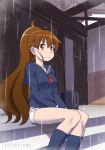  1girl brown_eyes brown_hair long_hair no_pants panties ponytail rain school_uniform serafuku sitting solo suzushiro_nazuna taneshima_popura underwear working!! 