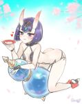  1girl :q alcohol blush cherry_blossoms eyebrows eyebrows_visible_through_hair fate/grand_order fate_(series) heart horns looking_at_viewer oni petals purple_hair rewolf sakazuki sake short_eyebrows short_hair shuten_douji_(fate/grand_order) sketch smile solo tongue tongue_out violet_eyes 