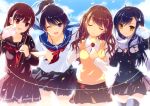  4girls ;d absurdres ahoge black_hair black_legwear black_shirt black_skirt blazer brown_hair brown_skirt closed_eyes clouds collarbone earphones earphones hair_ornament hair_scrunchie hairclip head_tilt highres holding huge_filesize jacket leaf locked_arms long_hair long_sleeves maple_leaf multiple_girls neck_ribbon neckerchief one_eye_closed open_mouth original parted_lips ponytail red_eyes red_ribbon ribbon scan school_uniform scrunchie serafuku shirahane_nao shirt skirt sky smile snowflakes string_phone sweater_vest thigh-highs violet_eyes white_skirt yellow_eyes 