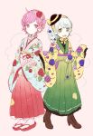  2girls :d :o alternate_costume alternate_hairstyle eyeball eyebrows eyebrows_visible_through_hair floral_print flower full_body gradient gradient_background green_eyes hair_flower hair_ornament hakama hands_together hat hat_ribbon japanese_clothes kimono komeiji_koishi komeiji_satori long_sleeves looking_at_viewer looking_to_the_side meiji_schoolgirl_uniform mozukuzu_(manukedori) multiple_girls obi open_mouth pink_background pink_eyes pink_hair ribbon sash short_hair siblings silver_hair simple_background sisters sleeves_past_wrists smile third_eye touhou wide_sleeves 