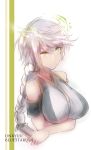  1girl artist_name asymmetrical_hair bare_shoulders braid breast_hold breasts character_name commentary_request highres kantai_collection kojima_takuro large_breasts looking_at_viewer remodel_(kantai_collection) silver_hair single_braid solo unryuu_(kantai_collection) upper_body wavy_hair yellow_eyes 