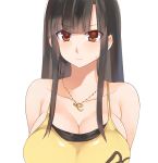  1girl bare_shoulders black_hair breasts brown_eyes cleavage collarbone commentary_request crimson_girls frown jewelry kuroha_mitsu large_breasts long_hair looking_at_viewer necklace pendant sideboob simple_background sleeveless solo upper_body white_background yostxxx 